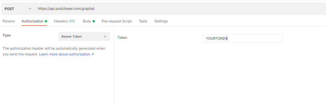Postman request screen with the Authorization type set to Bearer Token with a token entered into the text field.